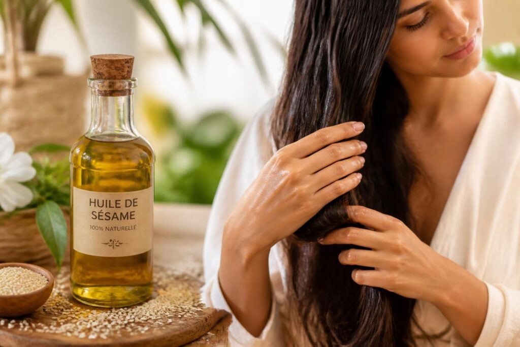 découvrez les bienfaits de l'huile de sésame pour vos cheveux : stimule la pousse, nourrit en profondeur la fibre capillaire et apporte vitalité et douceur à votre chevelure.